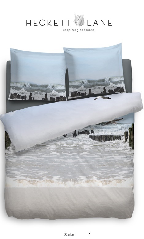 Heckett & Lane Sailor dekbedovertrek katoen satijn,zee,strandpaal,vogels,lely,wit,blauw,